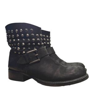 LOLA CRUZ Studded Harness Moto Boot 38 7.5 Ankle Biker 1.5" Low Heel Anthro Punk